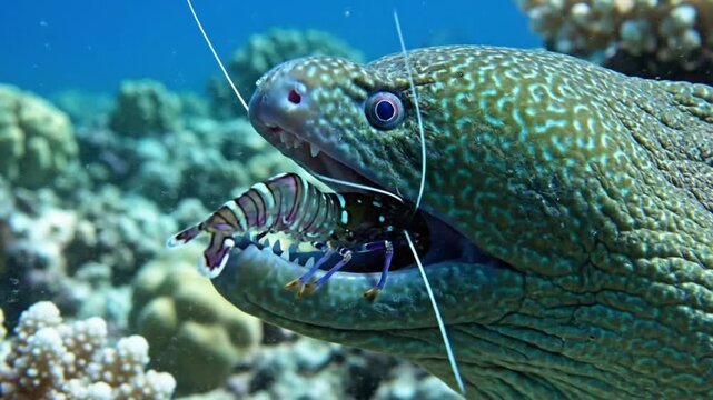 Close-up of a moray eel eating a shrimp underwater on coral reef