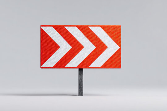 Red chevron arrow sign warning motorists of sharp turn on road with concrete post and neutral background conveying direction and caution