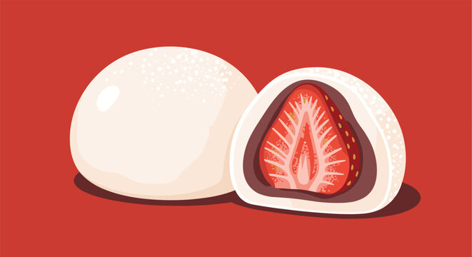 Two Japanese strawberry mochi sweets, one whole and one cut in half, displayed against a bold red background for dessert branding.