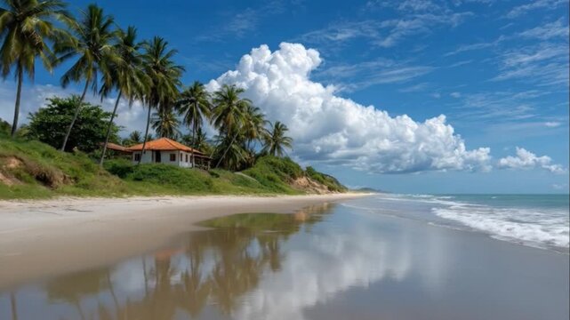 An idyllic tropical beachscape unfolds under a bright blue sky, adorned with magnificent white cumulus clouds. Swaying palm trees line the pristine white sand shoreline, which stretches along a calm, 
