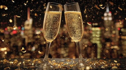 Modern and Aesthetic New Year Eve Celebrations, champagne flutes clinking with golden bubbles and glitter confetti against shimmering city skyline, capturing romantic luxury toast and stylish festive