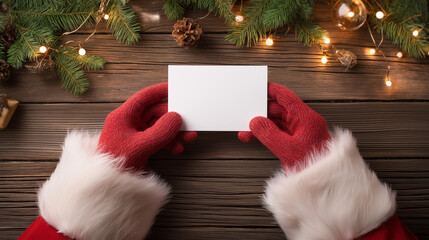 Obraz premium Santa Claus hands in red gloves holding a blank card over a festive Christmas background. 