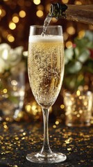 Modern and Aesthetic New Year Eve Celebrations, sparkling champagne pouring into flute glass with golden bokeh and glitter decor, capturing luxurious toast moment, elegant party joy and festive spirit