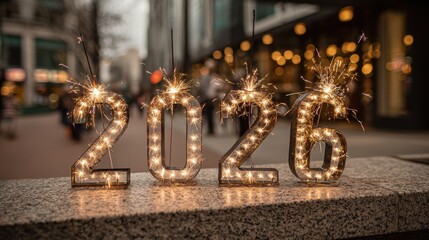 Modern and Aesthetic New Year Eve Celebrations, illuminated 2026 numbers with sparkling fireworks on urban street ledge, capturing countdown joy, glowing city atmosphere, and vibrant energy of modern