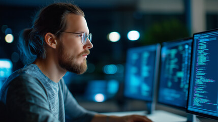Focused software developer working at computer screens with visible code in a dark modern workspace.

