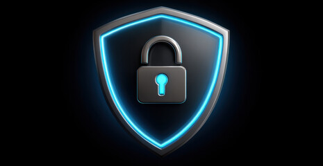 Blue glowing shield with padlock icon symbolizing digital security and data protection, sleek metallic badge and neon edge conveying trust and technology