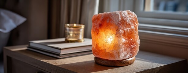 Mindful New Year and Emotional Wellness, glowing salt lamp on bedside table with soft morning light, candle, and minimal decor, inspiring peaceful energy, emotional clarity, and warm personal resets