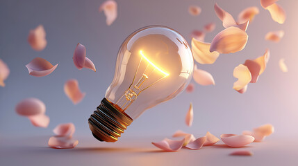 Glowing light bulb surrounded by floating flower petals symbolizing creativity and inspiration.
