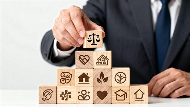 Person arranging wooden blocks with icons
