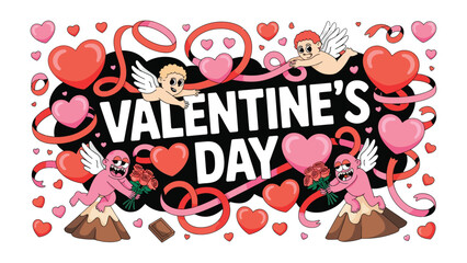 Valentine's Day Greeting: Festive illustration with heart and cherubs. Conveying feelings of love, romance, and affection, perfect for celebrations and greetings.
