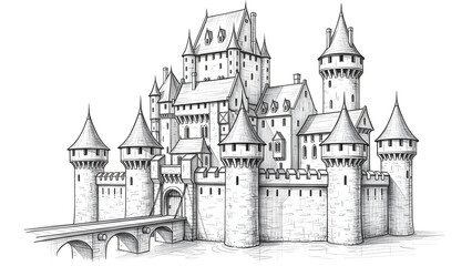 Illustrated Medieval Castle with Towers and Bridge