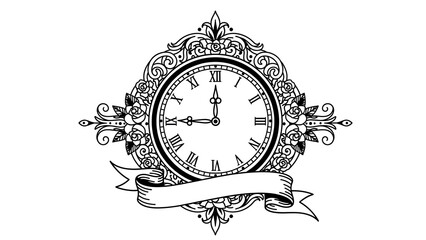 Intricate Clock Emblem with Floral Ornament and Ribbon Banner