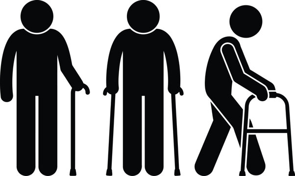 Elderly people stick figures depicting various mobility aids like canes and walkers for assistance