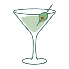Martini Glass Color Vector Icon with Olive for Cocktail Bar Menu, Sophisticated Lounge and Nightlife Design