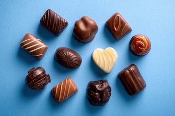 A diverse selection of exquisite chocolates, featuring dark, milk, and a white chocolate heart, arranged artfully on a vivid blue background. Perfect for themes of indulgence, gifting, and sweet celeb