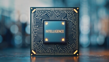 Macro view of a high tech computer microchip with the word intelligence glowing on it
