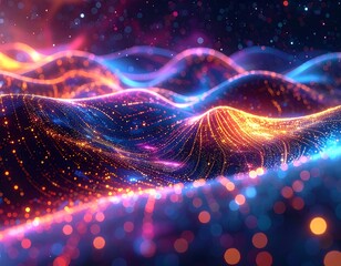 Digital abstract wavy lines with sparkling particle effects