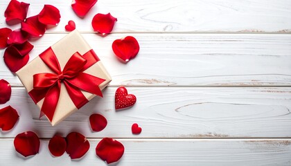 Red gift box with ribbon, rose petals and heart decorations on white wooden background