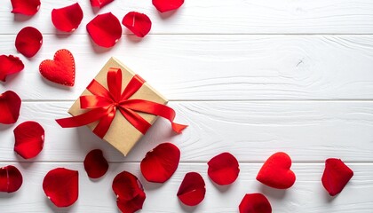 Red gift box with ribbon, rose petals and heart decorations on white wood