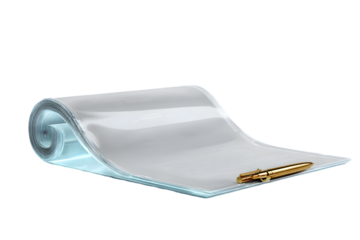 Elegant golden pen rests on unrolled translucent document, signifying important business decisions and agreements.