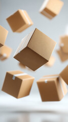 Fototapeta premium Floating cardboard boxes in midair representing logistics distribution and abstract business concepts. 