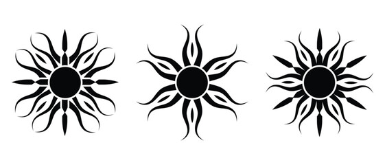 Tribal sunburst tattoo set, radial abstract geometric rays. Black decorative elements symbol for graphic design. Vector illustration.