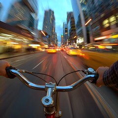 POV bicycle rider** on a busy city street during rush hour,fast movement with strong motion blur** on passing cars and buildings,handlebars and front wheel edge visible** at the bottom,streaking