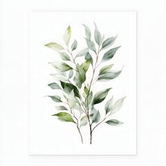 Minimalist watercolor painting of botanical branches, featuring soft green leaves on thin stems, natural and airy composition, white background, Scandinavian interior art style, delicate brushwork,