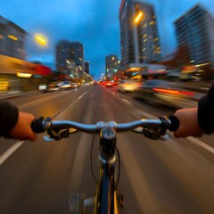 POV bicycle rider** on a busy city street during rush hour,fast movement with strong motion blur** on passing cars and buildings,handlebars and front wheel edge visible** at the bottom,streaking