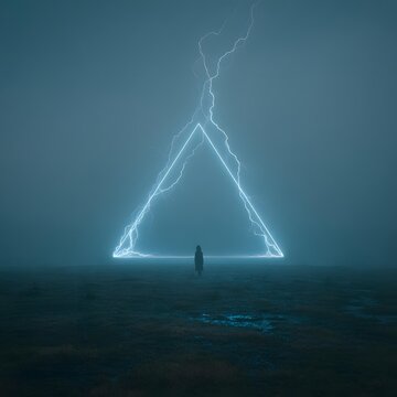 Surreal lightning event: person standing in an empty meadow, lightning bolts forming a perfect geometric triangle in the sky, ground sparks like neon glass shards, volumetric fog, long exposure
