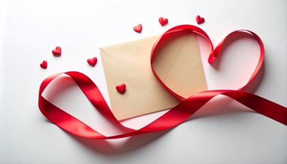 Red ribbon heart shape with envelope and small hearts on white background