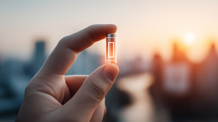 Hand holding a small glass bottle against a city skyline at sunset with soft bokeh lights.

