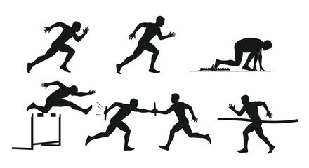 Dynamic Track and Field Running Silhouettes Set: Sprinter, Hurdler, Relay, Start, and Finish Line Actions Vector Icons