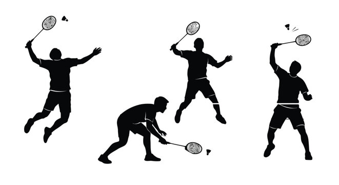 Action-packed vector silhouettes of badminton players showcasing dynamic movements and athletic prowess, perfect for sports design and graphic illustrations