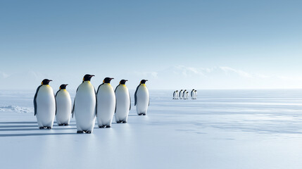 Obraz premium Line of emperor penguins standing together on a snowy Antarctic ice landscape. 