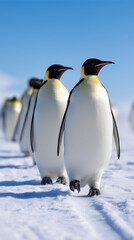 Fototapeta premium Group of emperor penguins standing in a line on snowy Antarctic landscape. 