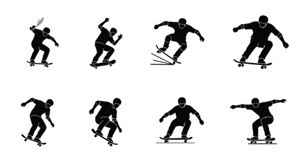 Skateboarder Silhouettes Vector Set: Dynamic Poses and Tricks for Sports and Action Graphics