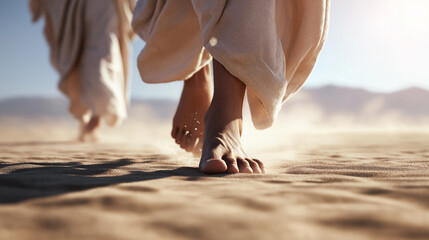 Barefoot person walking across sunlit desert sand with flowing fabric and soft motion.
