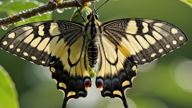Monarch butterfly emerging from chrysalis, metamorphosis in nature