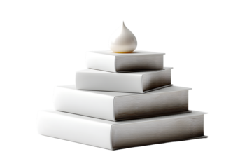 Stack of white books topped with a single gleaming pearl symbolizing knowledge and discovery