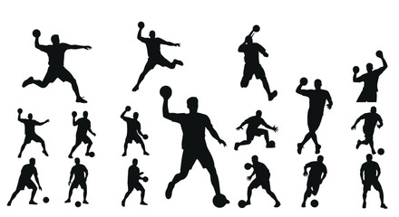 Fototapeta premium Dynamic Ball Sports Athlete Silhouettes Vector Collection: Diverse Players in Action, Throwing, Kicking, and Running