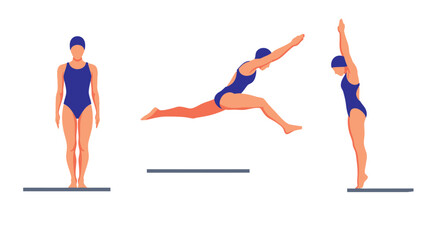 Female Diver Action Sequence: Standing, Mid-Air Leap, and Vertical Entry Poses Illustration