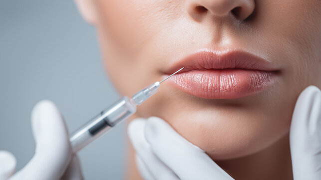 Close up of a woman receiving a cosmetic lip injection procedure in a medical studio.
