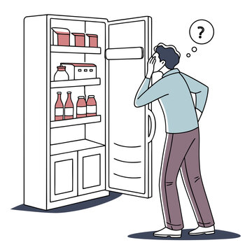 Man checking fridge with puzzled expression refrigerator