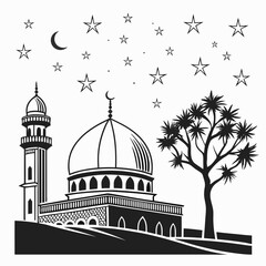 Black and white of mosque with dome and minaret under starry night sky © uuu