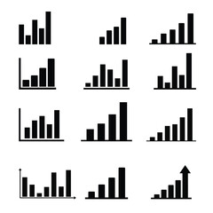 Collection of various black bar graph icons on white background