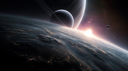 Colorful planets floating in deep space illustrating a cosmic science fiction scene.
