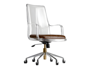 Modern executive office chair with clear acrylic back and rich brown leather seat blends style and comfort