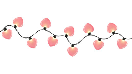 Pink heart shaped string lights on a black cord isolated on transparent background for decoration