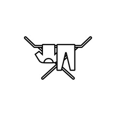 Clothes drying rack icon. Stand for dryer clothes. Portable folding clothes drying rack with a shirt and pants hanging to dry. Isolated vector illustration on white background.
